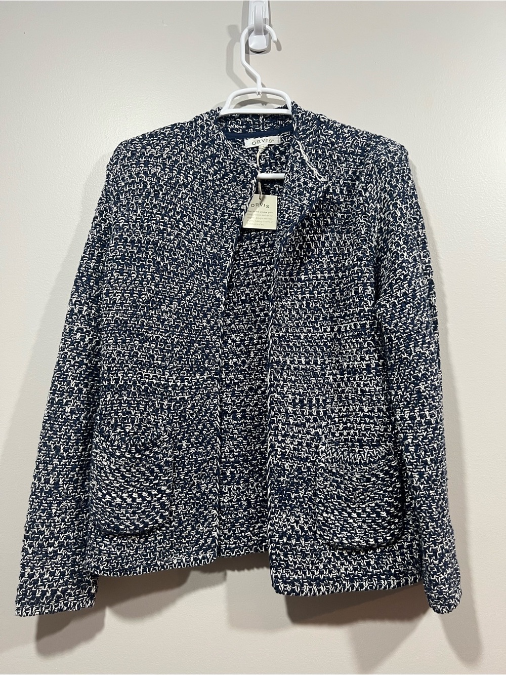 Orvis Navy and White Cotton Knit Open-Front Cardigan Jacket Small